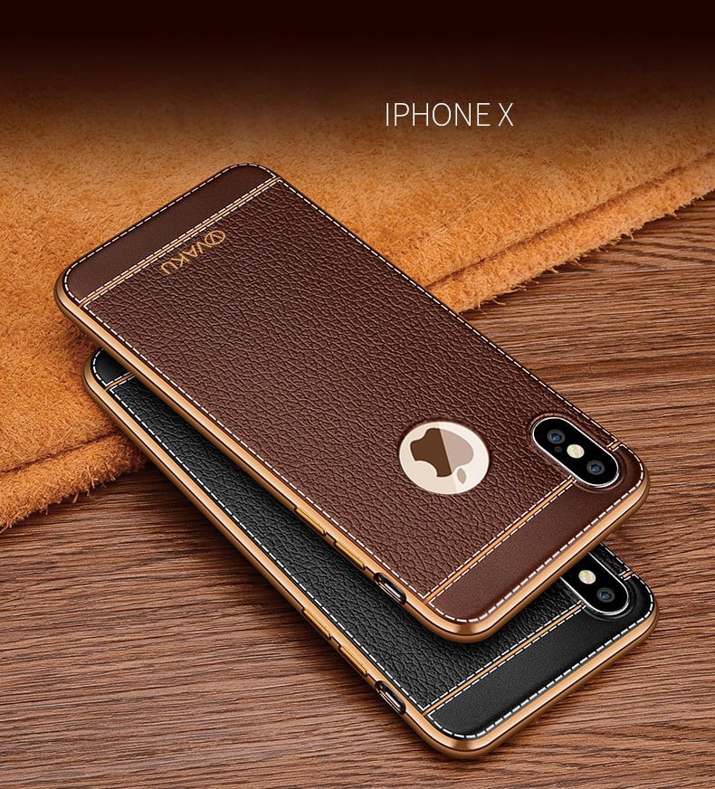 Vaku Â® Apple iPhone X / XS Leather Stitched Gold Electroplated Soft TPU