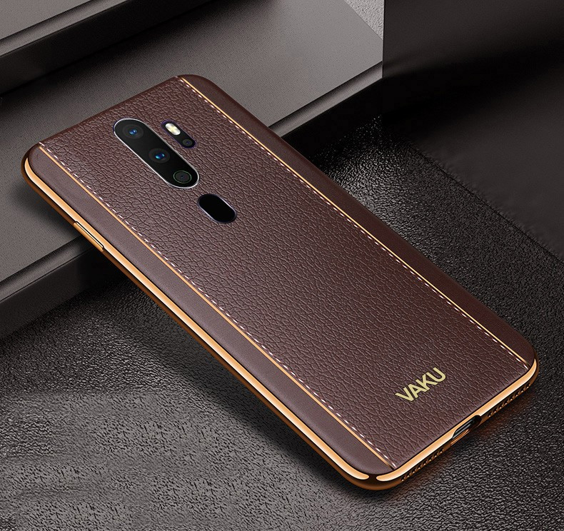Vaku ® Oppo A9 2020 Vertical Leather Stitched Gold Electroplated Soft Tpu Back Cover A9 2020