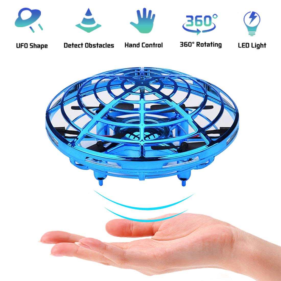 Hand Operated Drones for Kids or Adults Easy Indoor Small Flying Toys for Boys or Gir UFO Flying Ball Toys Blue Helicopter with 360° Rotating and Shinning LED Lights 