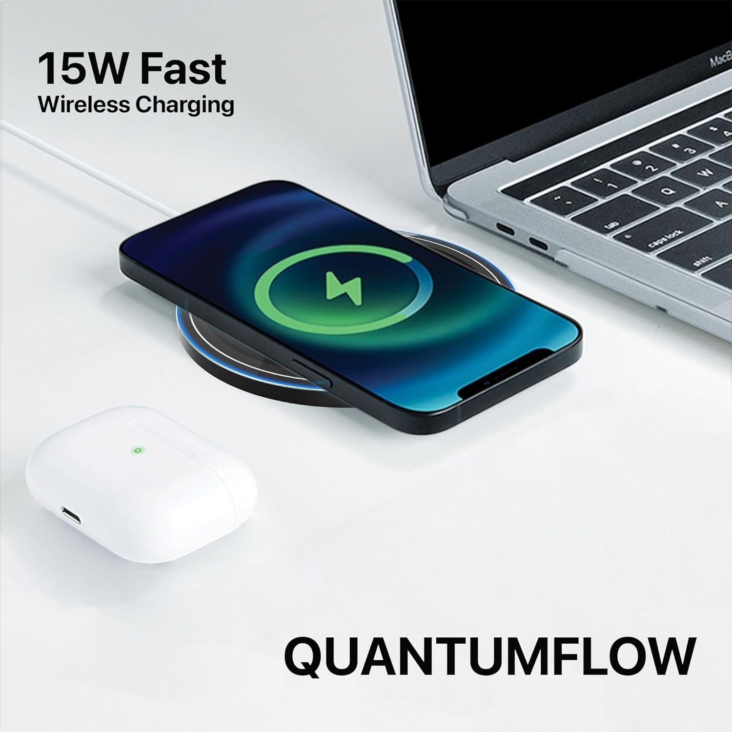 Vaku ® 15W Wireless Charger Quantum Flow Series Fast Charging Pad PD  Qi-Certified with Type C Cable