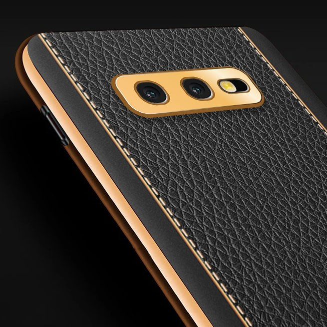 Vaku ® Samsung Galaxy S10e Luxemberg Leather Stitched Gold Electroplated  Soft TPU Back Cover