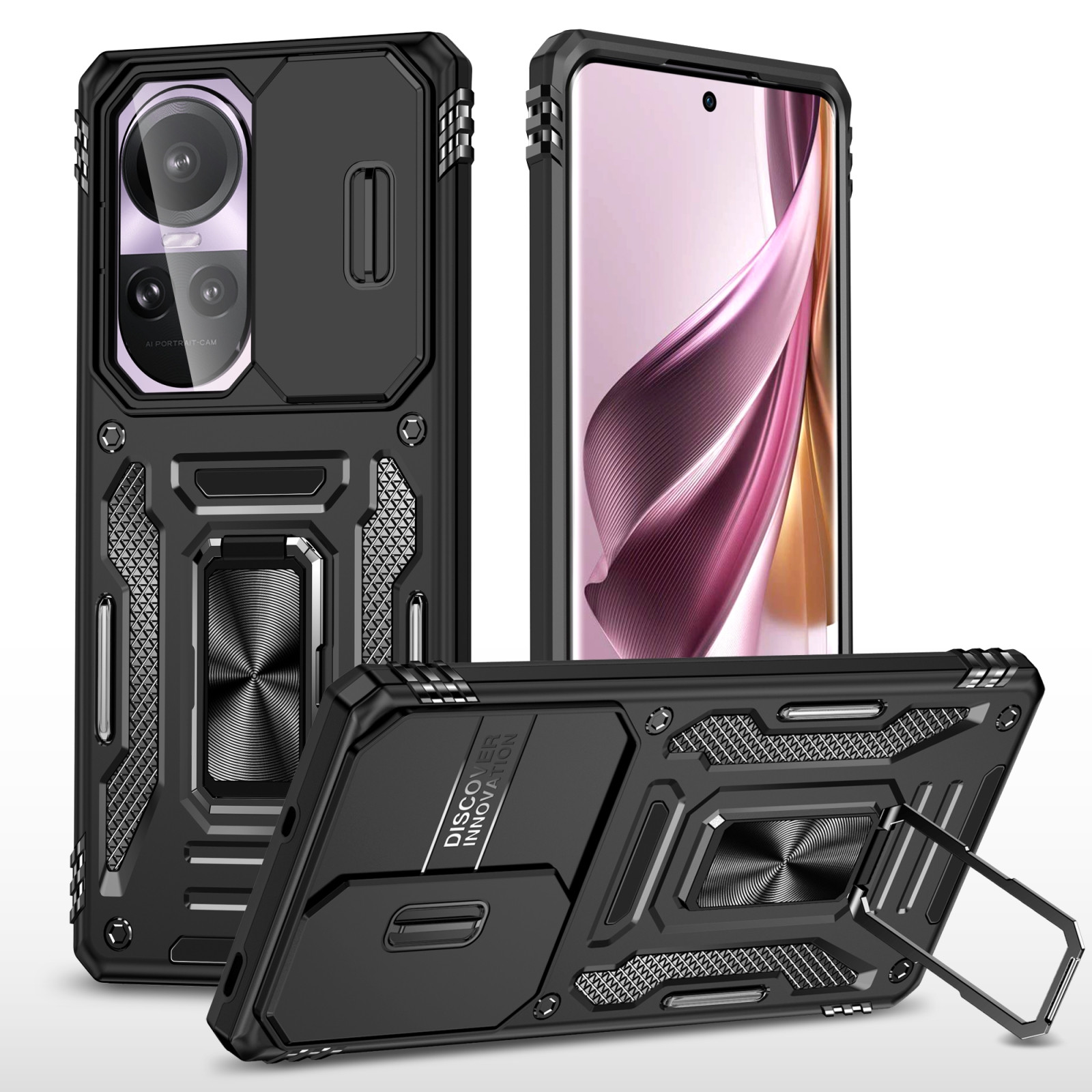 Vaku ® Oppo Reno10 5G Aegis Armor Slide Camera Protection Magnetic Ring  Holder Kickstand Back Cover