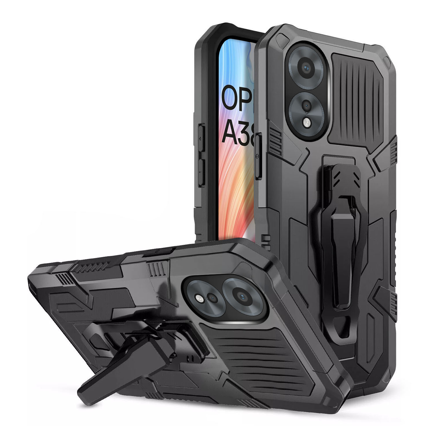 Vaku ® Oppo A38 Vanguard Military Grade Armor Case with Metal Belt Clip  Kickstand Back Cover