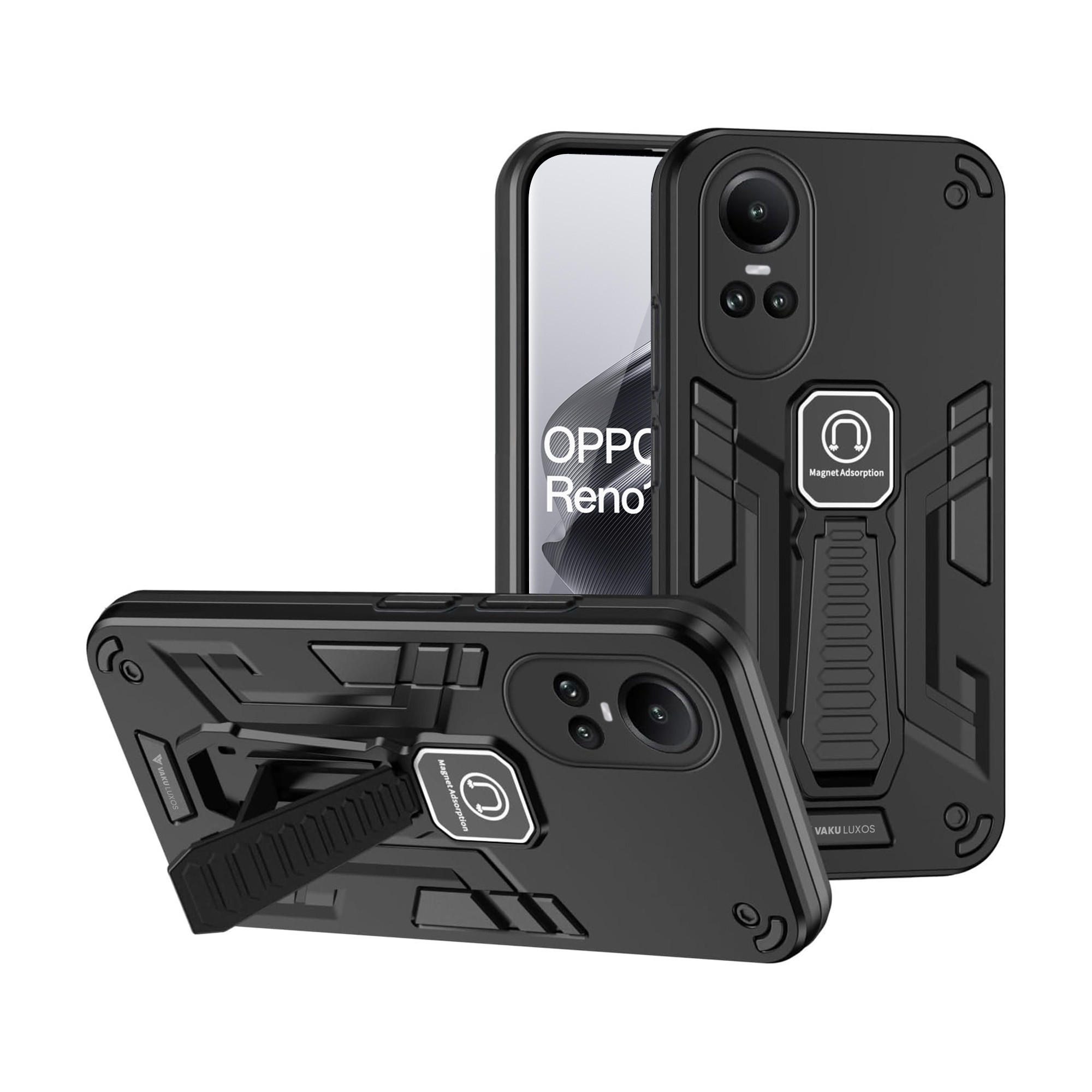 Custodia Corazzata Per OPPO Reno 10 / Reno 10 Pro 5G - Con Protezione Fotocamera Scorrevole E Anello Metallico 360° - Nero - 5