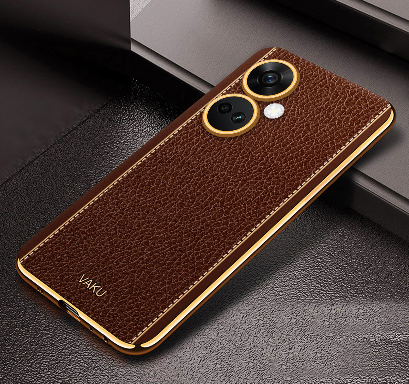 Vaku ® OnePlus Nord CE 5G Luxemberg Series Leather Stitched Gold  Electroplated Soft TPU Back Cover