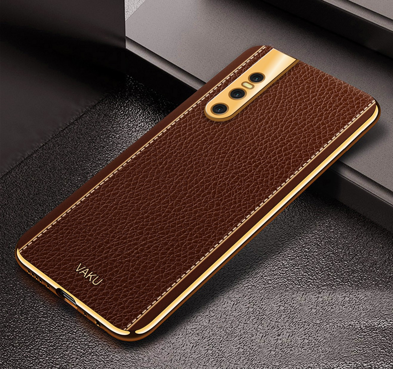 Vaku ® Vivo V15 Pro Luxemberg Series Leather Stitched Gold