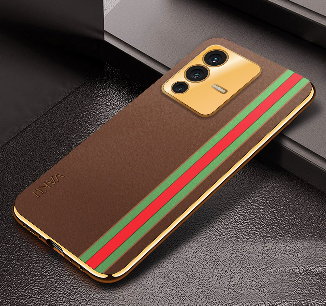 Vaku ® Vivo V23 5G Felix Line Leather Stitched Gold Electroplated