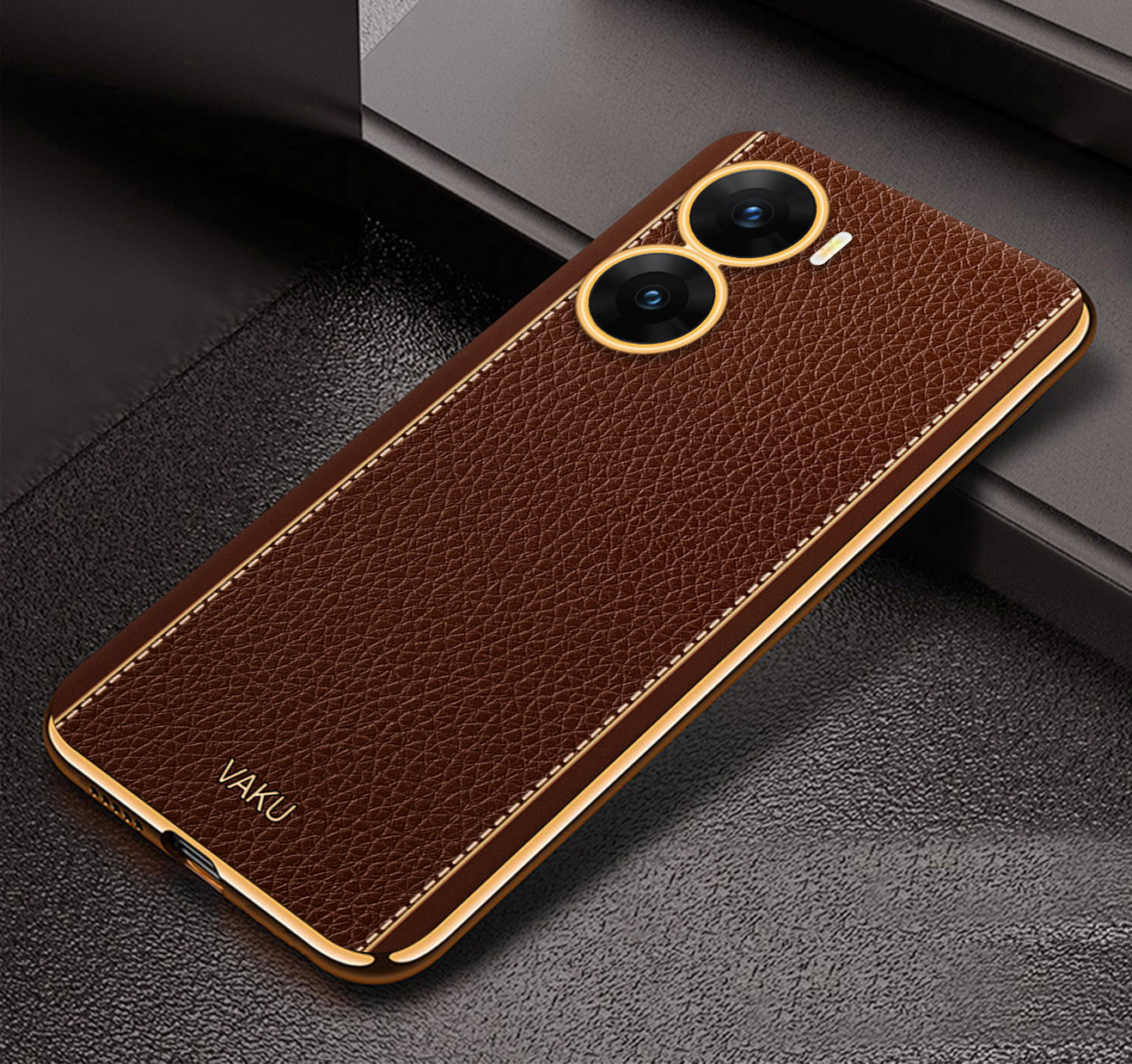 Vaku ® Vivo T2x 5G Luxemberg Leather Pattern Gold Electroplated
