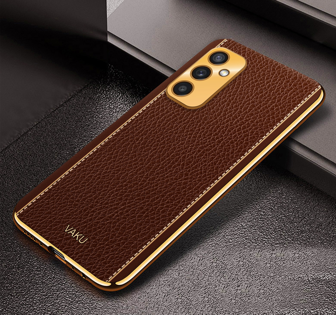 Vaku ® Samsung Galaxy A14 Luxemberg Series Leather Stitched Gold