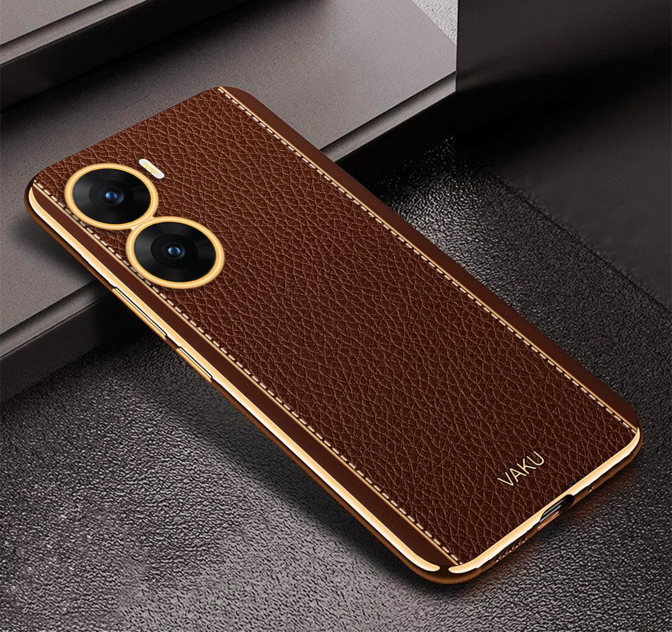 Vaku ® Vivo V29e 5G Luxemberg Leather Pattern Gold Electroplated
