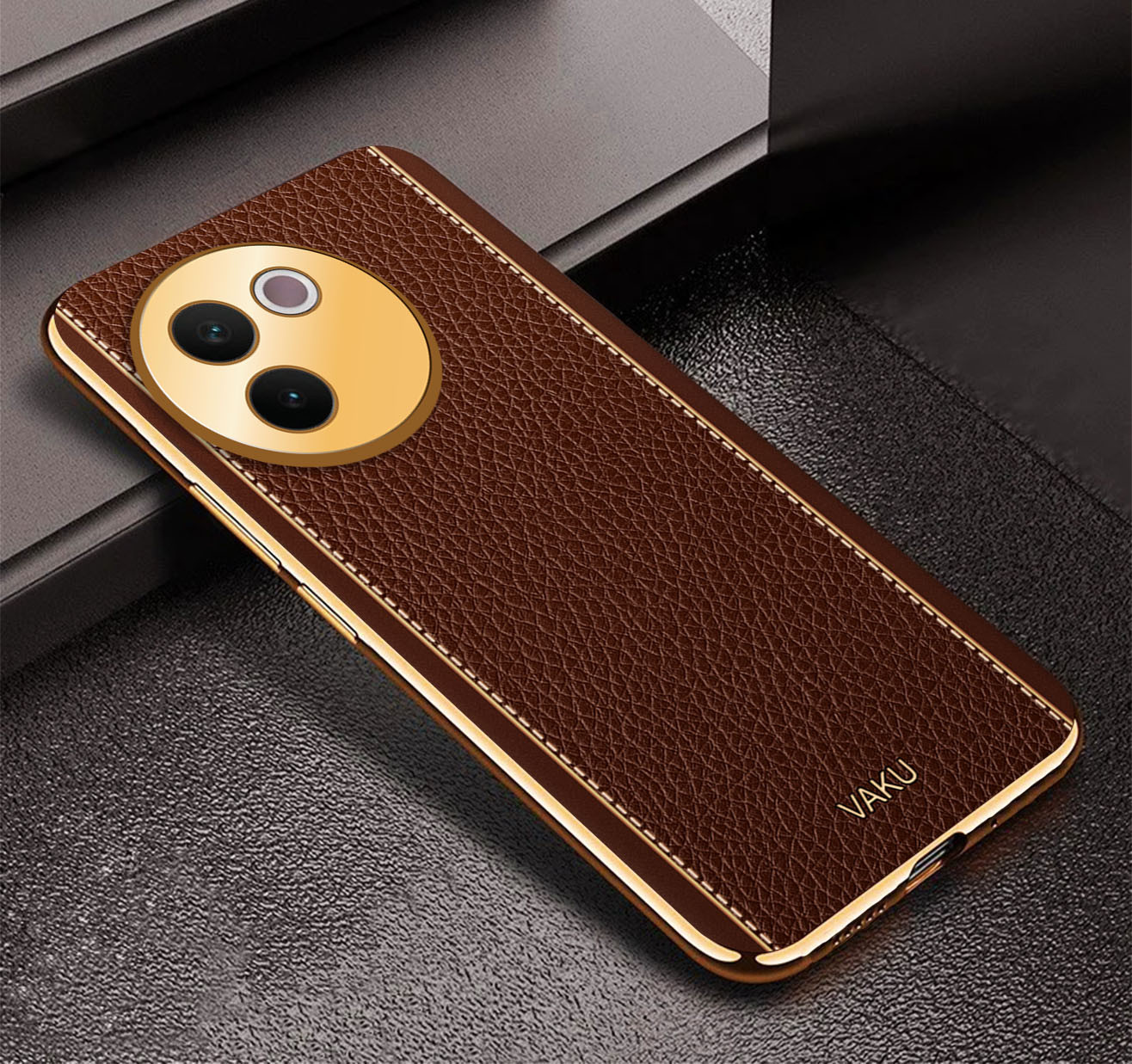 Vaku ® Vivo V30e 5G Luxemberg Leather Pattern Gold Electroplated