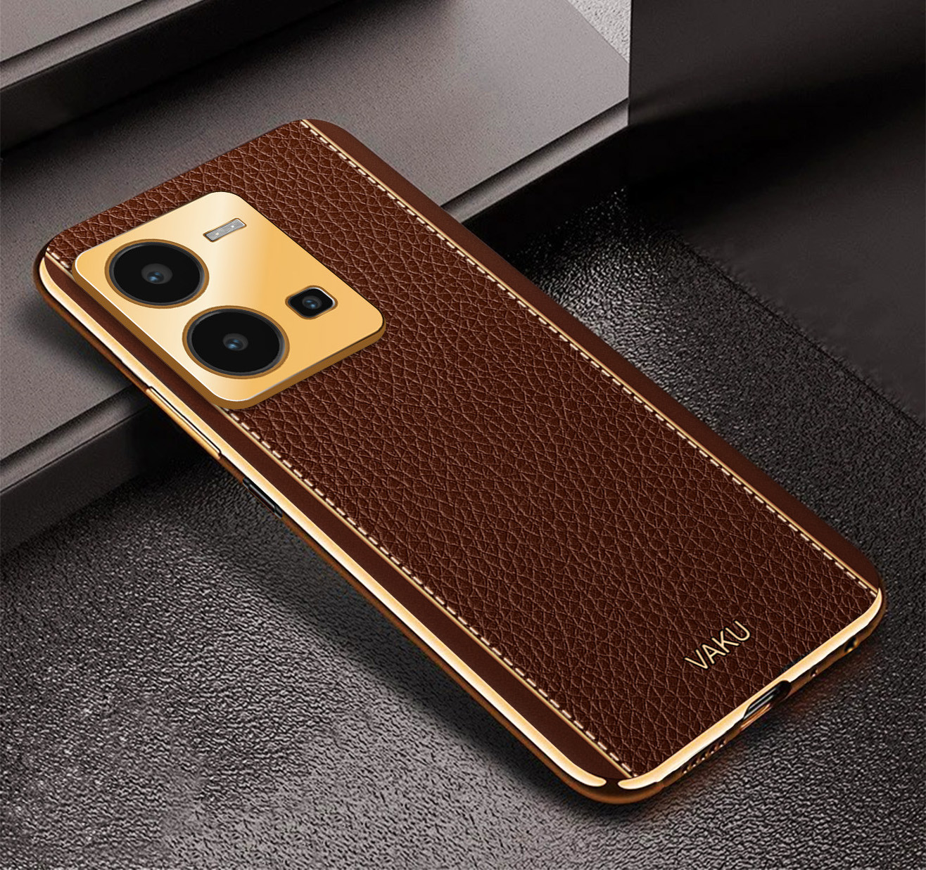 Vaku ® Vivo Y35 4G Luxemberg Leather Pattern Gold Electroplated