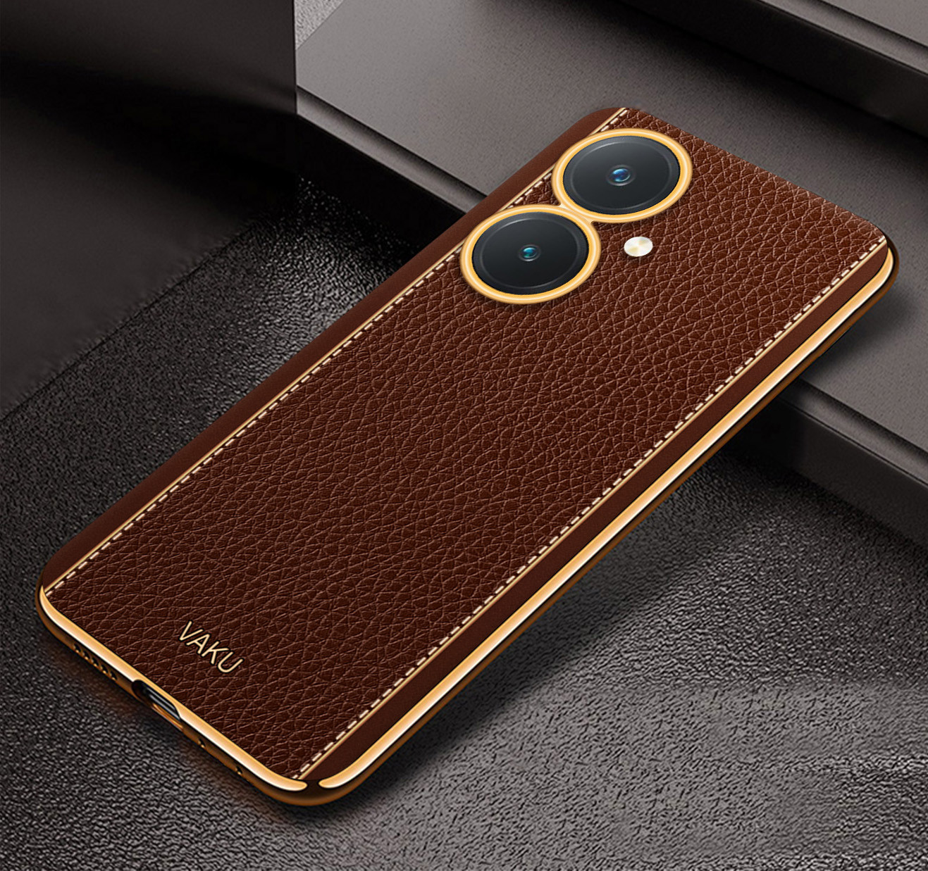 Vaku ® Vivo Y27 Luxemberg Series Leather Stitched Gold