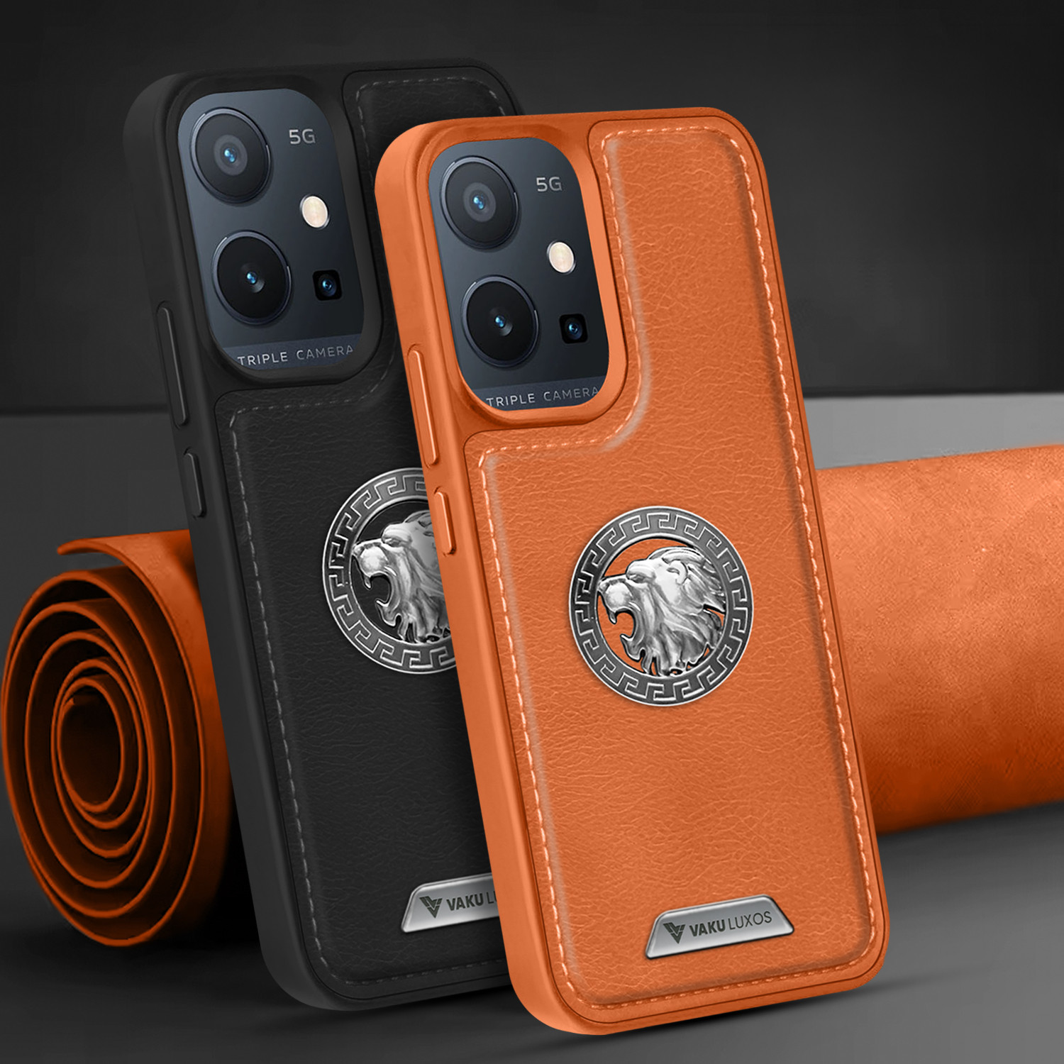Vaku ® Vivo Y75 5G Regal Shield Metal Lion Engraved Leather
