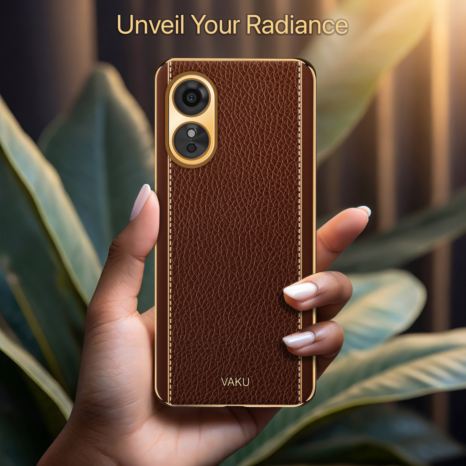 Vaku ® Oppo A17 Luxemberg Leather Pattern Gold Electroplated Soft