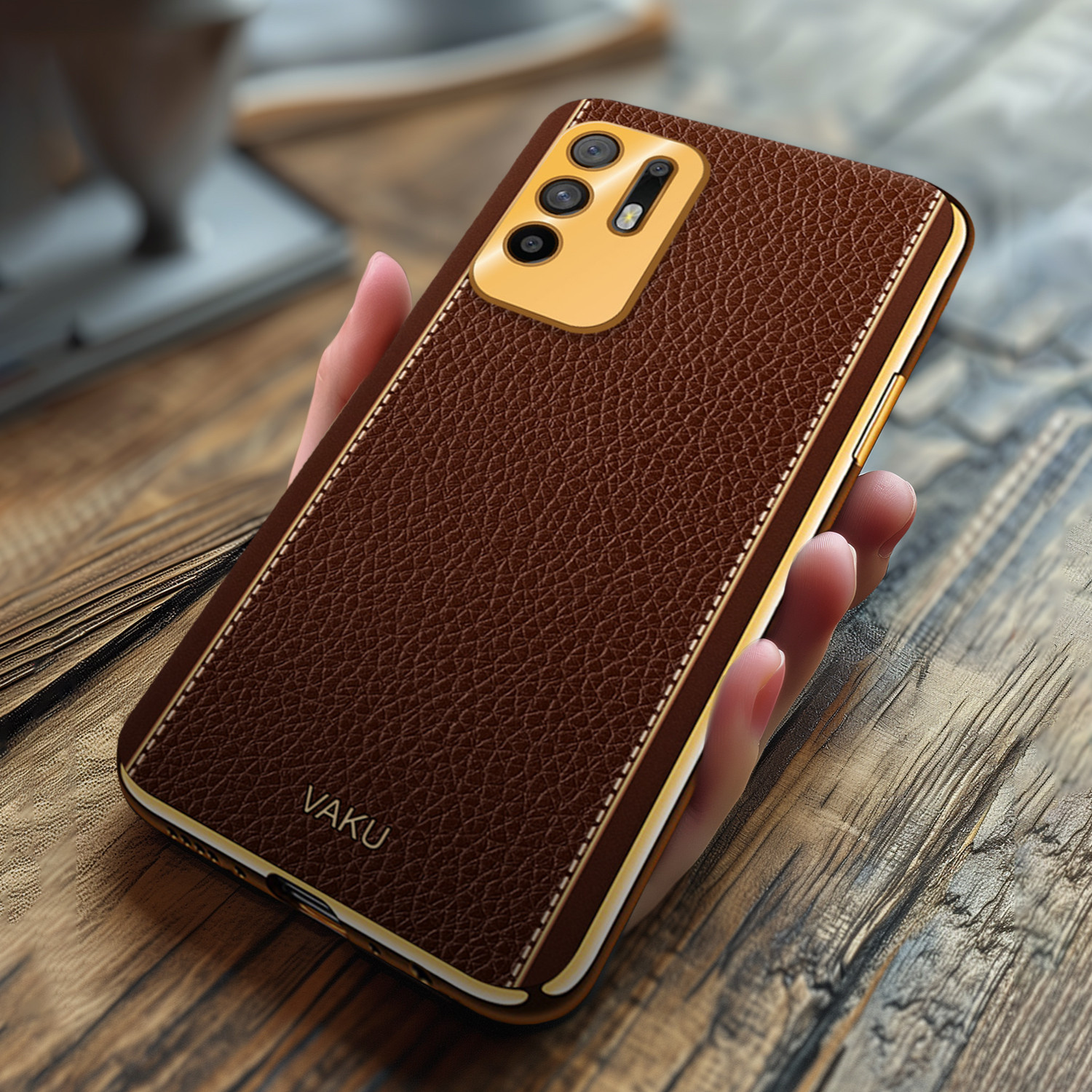 Vaku ® Oppo F19 Pro Plus 5G Luxemberg Series Leather Stitched Gold