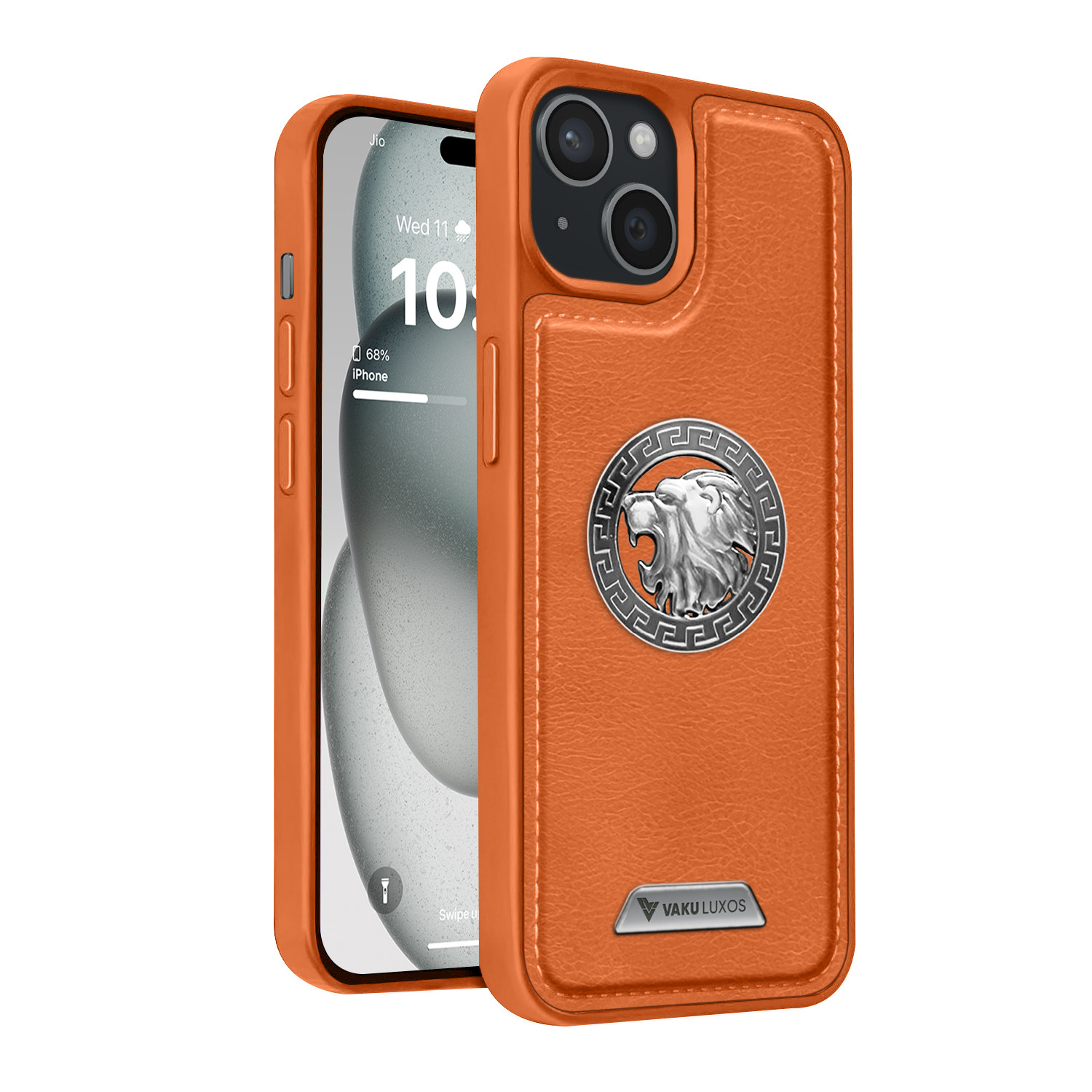 Vaku ® Apple iPhone 15 Regal Shield Metal Lion Engraved Leather