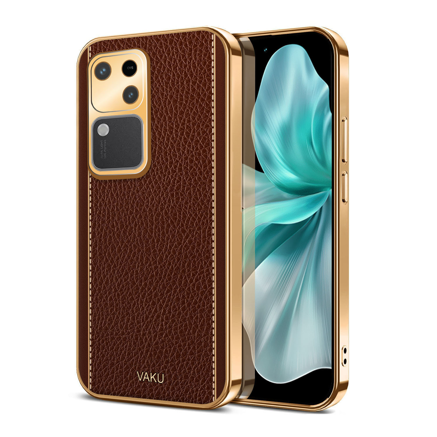 Vaku ® Vivo V30 5G Luxemberg Leather Pattern Gold Electroplated