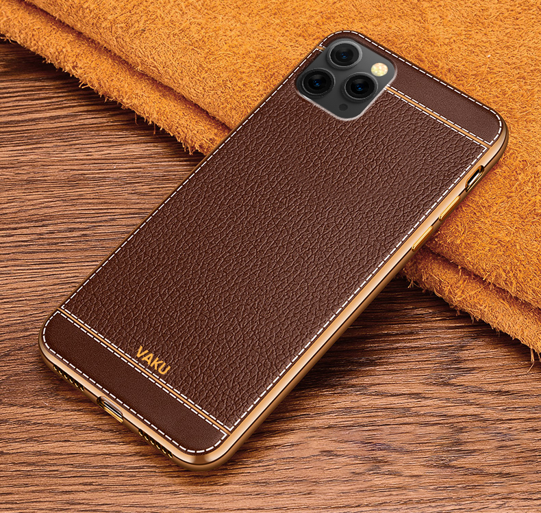 Vaku ® For Apple iPhone 11 Pro Max Leather Stitched Gold Electroplated Soft  TPU Back Cover - Main Image