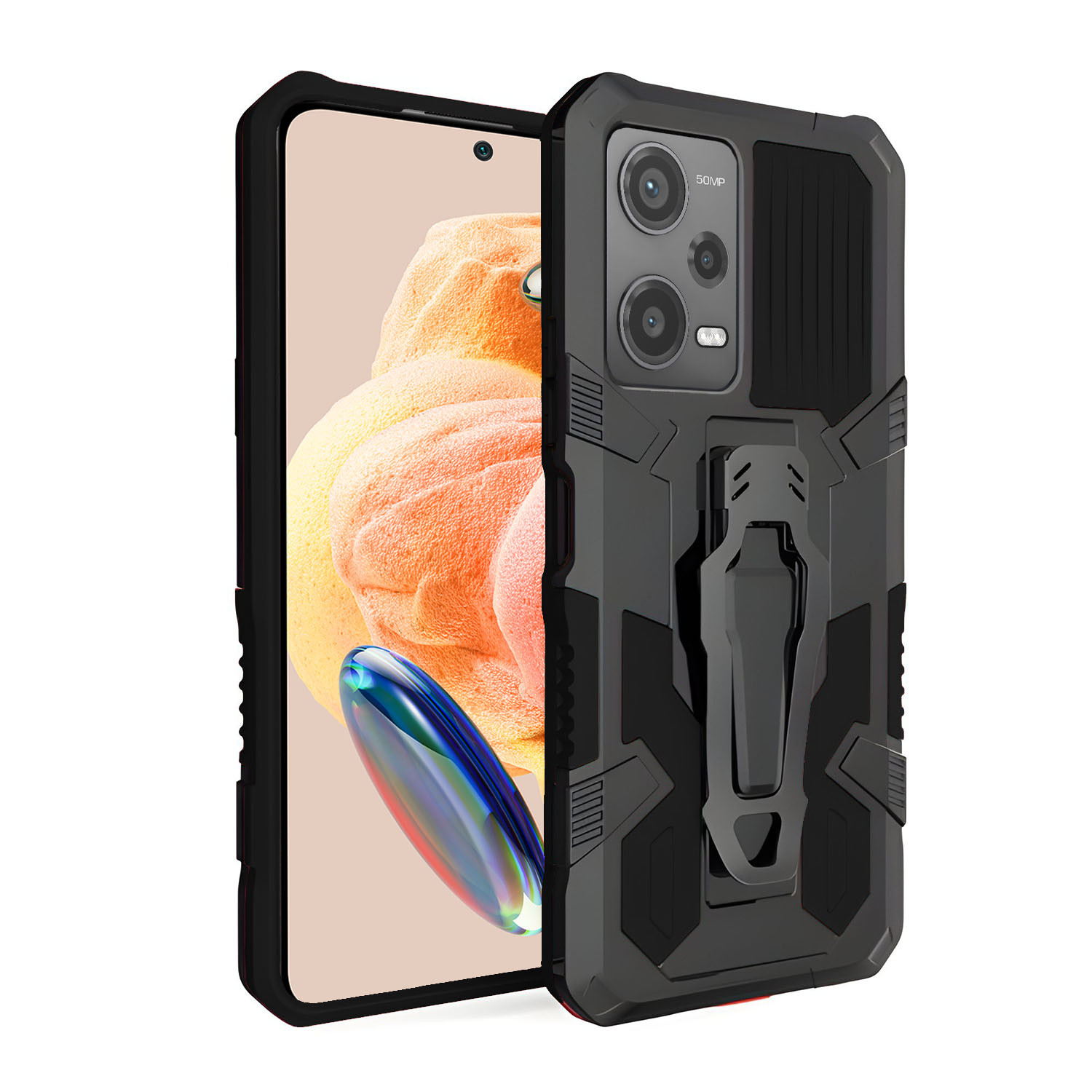 Vaku ® Xiaomi Redmi Note 12 5G Vanguard Military Grade Armor Case with  Metal Belt Clip Kickstand Back Cover