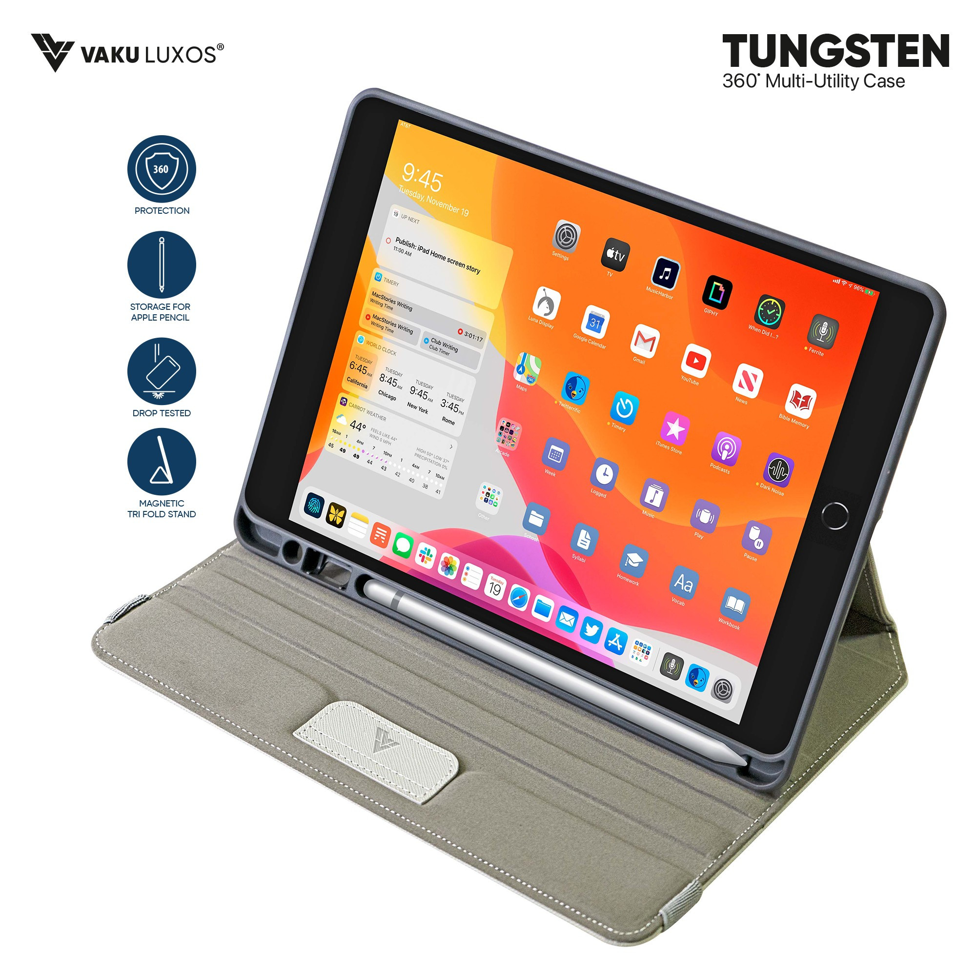 Vaku ® TUNGSTEN Apple iPad (7th|8th|9thGen) 360 Degree Multi-Utility  Round Rotating Stand Protection with Pencil Holder Case Black