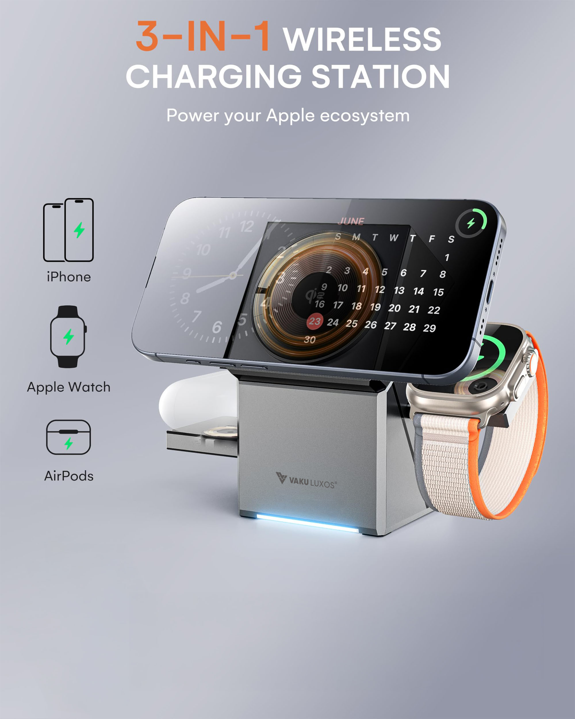 Apple Watch Garmin Watch Qi Charging Vaku Luxos ® 3-in-1 Gyro