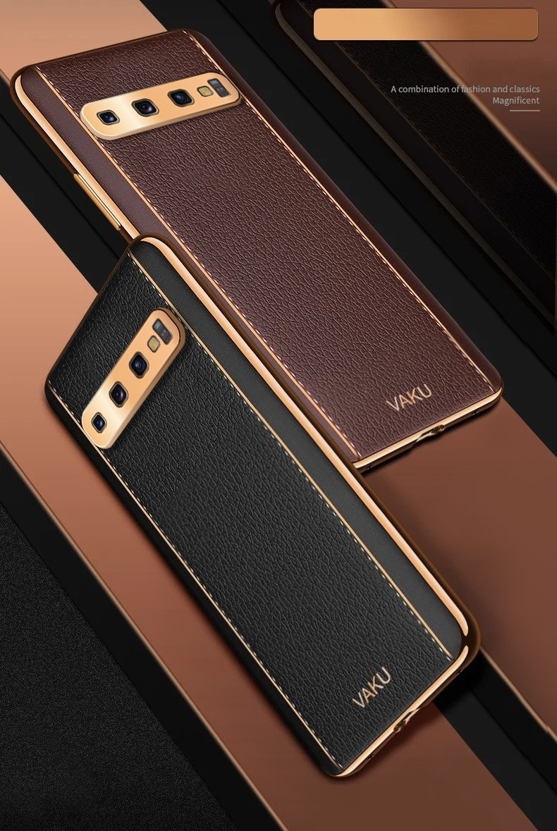 Vaku ® Samsung Galaxy S10 Plus Vertical Leather Stitched Gold