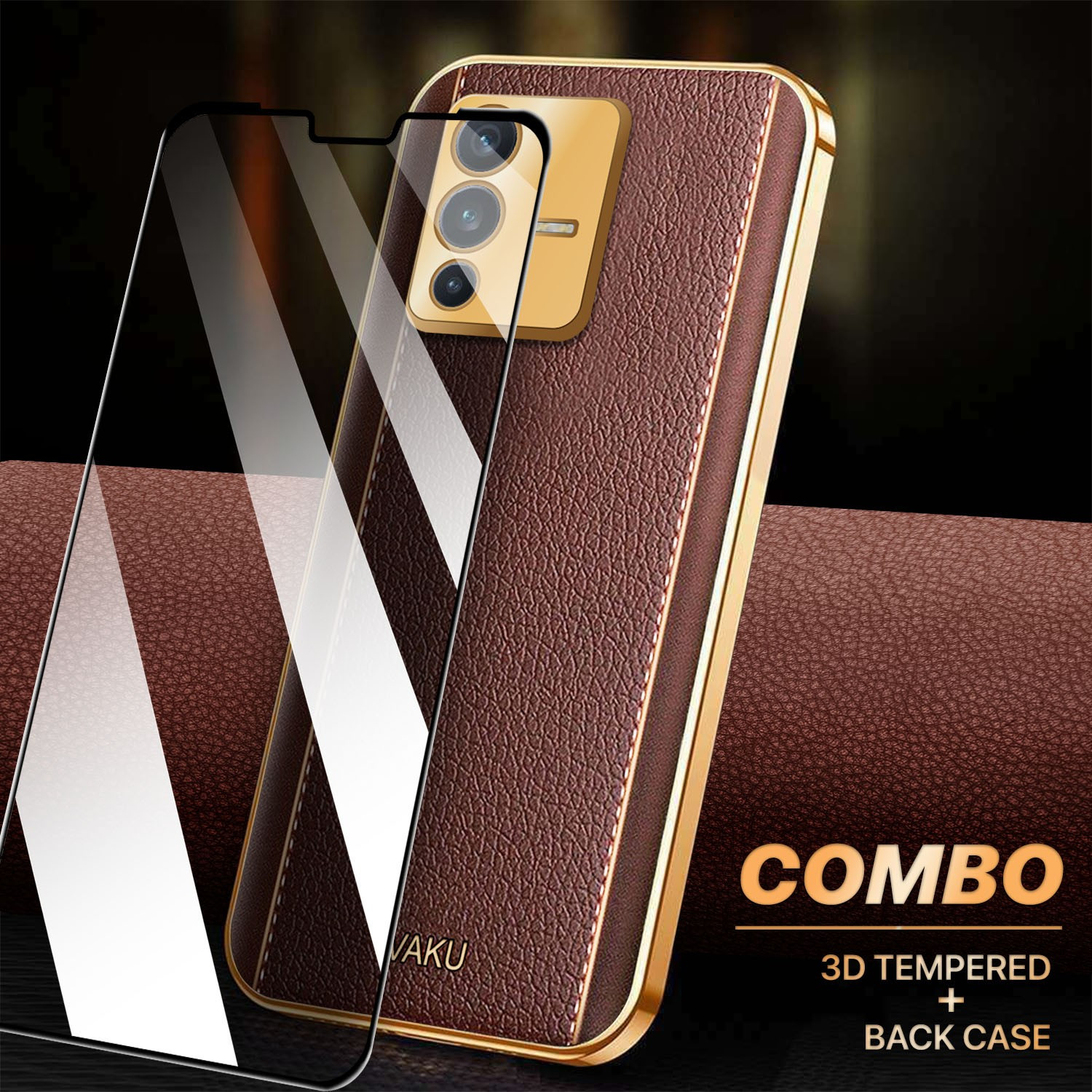 Vaku ® 2In1 Combo Vivo V23 5G Luxemberg Leather Stitched Gold Electroplated  Case with 9H Shatterproof Tempered Glass - V23 5G - Vivo - Mobile / Tablet  - Screen Guards India