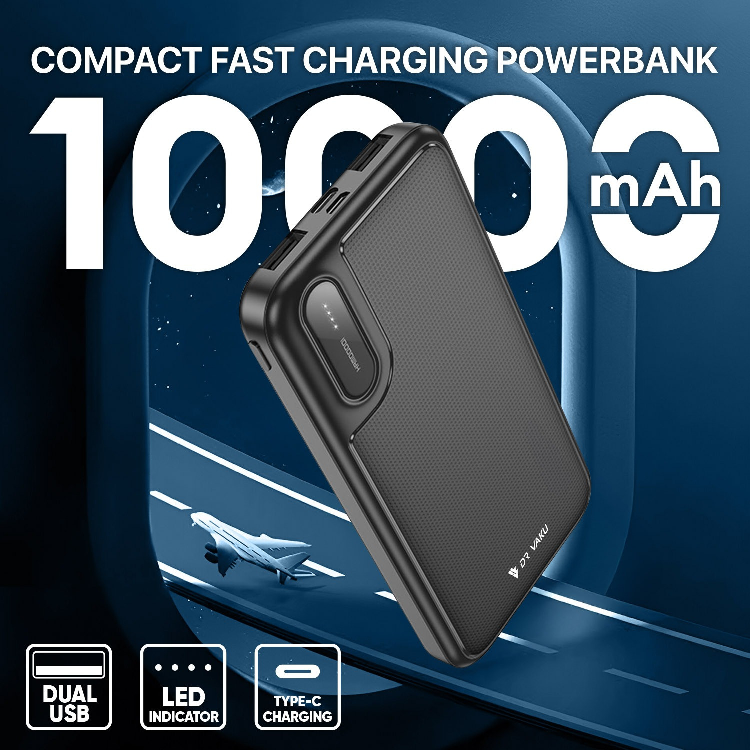 Vaku ® CYRA 10000mAh Power Bank 12W Dual USB Output, Type-C