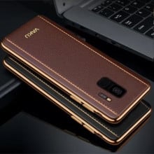 Vaku ® Samsung Galaxy S9 Vertical Leather Stitched Gold Electroplated Soft TPU Back Cover