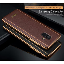 Vaku ® Samsung Galaxy A6 Vertical Leather Stitched Gold Electroplated Soft TPU Back Cover