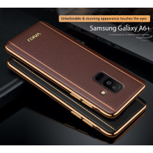 Vaku ® Samsung Galaxy A6 Plus Vertical Leather Stitched Gold Electroplated Soft TPU Back Cover