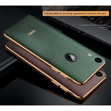 Vaku ® For Apple iPhone XR Cross Grain Leather Gold Electroplated Soft TPU Back Cover