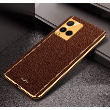 Vaku ® Vivo Y21e 4G Luxemberg Series Leather Stitched Gold Electroplated Soft TPU Back Cover