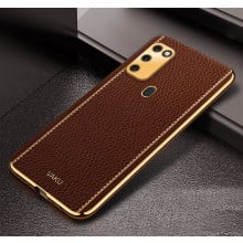 Vaku ® Samsung Galaxy M30S Luxemberg Series Leather Stitched Gold Electroplated Soft TPU Back Cover