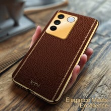 Vaku ® Vivo V27 5G Luxemberg Leather Pattern Gold Electroplated Soft TPU Back Cover