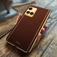 Vaku ® Vivo Y33T Luxemberg Series Leather Stitched Gold Electroplated Soft TPU Back Cover