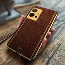 Vaku ® Vivo T1 5G Luxemberg Series Leather Stitched Gold Electroplated Soft TPU Back Cover