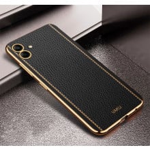 Vaku ® Samsung Galaxy A04 Luxemberg Series Leather Stitched Gold Electroplated Soft TPU Back Cover
