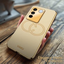 Vaku ® Vivo V27 5G Skylar Leather Pattern Gold Electroplated Soft TPU Back Cover