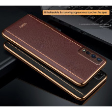 Vaku ® Vivo Y12S Vertical Leather Stitched Gold Electroplated Soft TPU Back Cover
