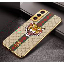 Vaku ® Samsung Galaxy S21 FE Lynx Leather Stitched Gold Electroplated Soft TPU Back Cover