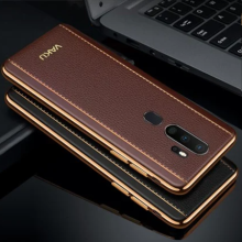 Vaku ® Oppo A5 2020 Vertical Leather Stitched Gold Electroplated Soft TPU Back Cover
