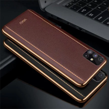 Vaku ® Samsung Galaxy M31S Vertical Leather Stitched Gold Electroplated Soft TPU Back Cover