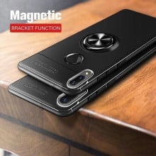 Vaku ® Xiaomi Redmi Note 7 / Note 7 Pro Ring Holder Auto Focus Leather Stitched Soft Silicone 4 Frames plus ultra-thin case transparent cover