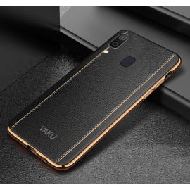 Vaku ® Samsung Galaxy A20 / A30 Vertical Leather Stitched Gold Electroplated Soft TPU Back Cover