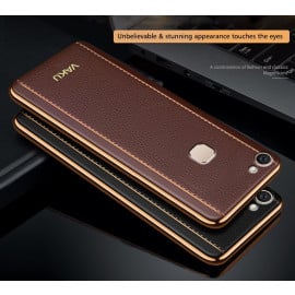 Vaku ® Vivo V7 Plus Vertical Leather Stitched Gold Electroplated Soft TPU Back Cover