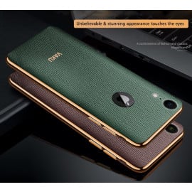 Vaku ® For Apple iPhone XR Cross Grain Leather Gold Electroplated Soft TPU Back Cover
