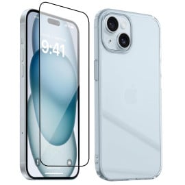 Vaku ® 2in1 Value Combo Pack Glassy Clear Silicone Back Cover + Tempered Glass Screen Guard for iPhone 15 / 15 Plus / 15 Pro / 15 Pro Max