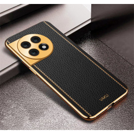 Vaku ® OnePlus 11 Luxemberg Series Leather Stitched Gold Electroplated Soft TPU Back Cover